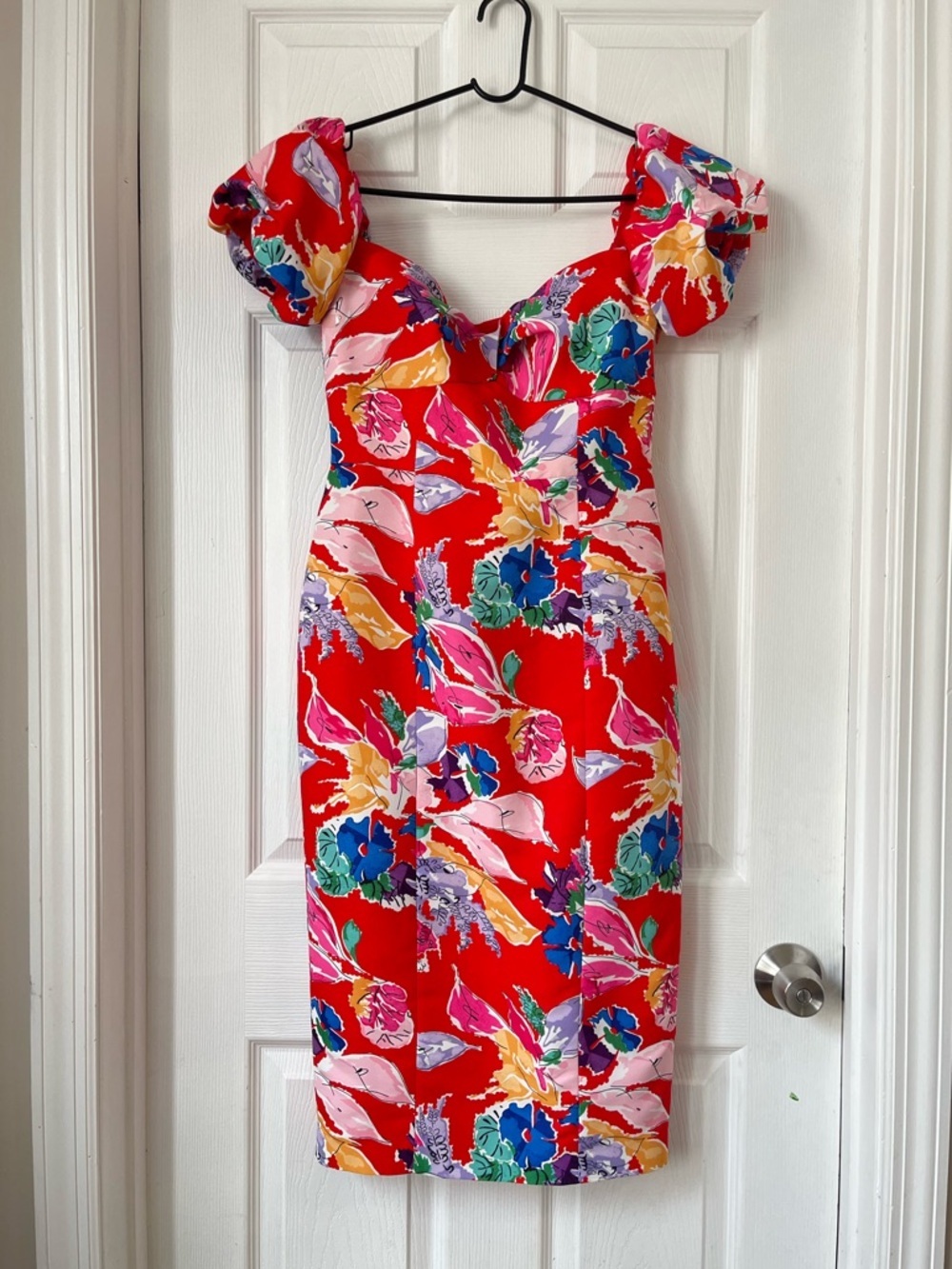 Milly Red Floral Off Shoulder Puff-Sleeve  Midi Dress size 4